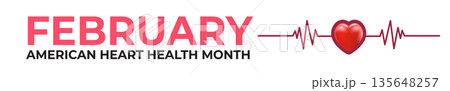 Panoramic horizontal banner for Heart Health Month in February, red 3D heart with pulse line and bold red text isolated on white background. American Heart month text banner Panoramic horizontal banner for Heart Health Month in February, red 3D heart with pulse line and bold red text isolated on white background. American Heart month text banner 135648257