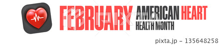 American Heart Health Month web banner for February awareness, modern horizontal design with glossy red heart and bold typography for website and social media. Wide banner Heart month America USA 135648258