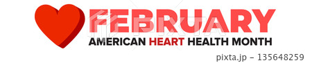 February American Heart Health Month banner with red 3D heart and pulse line, medical awareness campaign horizontal header isolated on white. Heart month wide banner 135648259