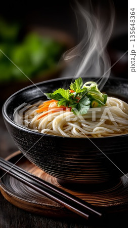 Steaming asian noodle soup in black bowl, garnished with carrots, parsley, chives, resting on wooden surface near chopsticks 135648364
