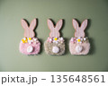 Easter spring holiday background with easter wooden bunnies, flat lay and copy space 135648561