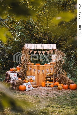 Cozy Autumn Harvest Scene with Pumpkins and Rustic Farm Market Stand 135648702