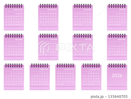 Pink desktop calendar template featuring clean grid layout, spiral-bound planner 2026 organization Pink desktop calendar template featuring clean grid layout, spiral-bound planner 2026 organization 135648705
