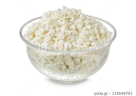 Cottage Cheese, Curd in glass bowl isolated on white background with full depth of field Cottage Cheese, Curd in glass bowl isolated on white background with full depth of field 135648761