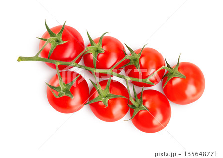 Cherry tomato bunch closeup isolated on white background. Top view. Flat lay Cherry tomato bunch closeup isolated on white background. Top view. Flat lay 135648771