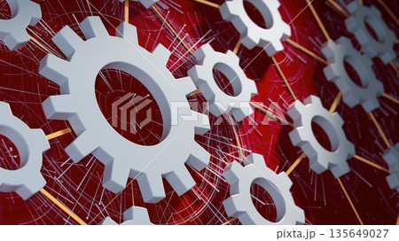Industrial Gears Interconnected Network Concept With White Cogs On Red Background And Digital Lines 135649027