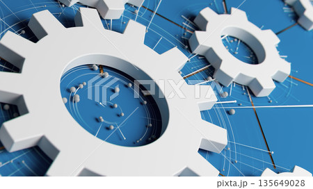 Industrial Gears and Machinery on Blueprint Background for Engineering and Technology Concept 135649028