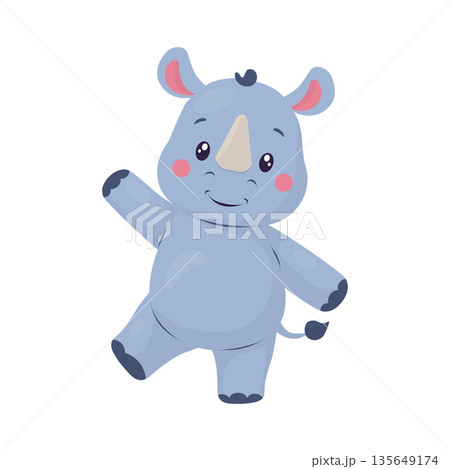 A cute rhinoceros waves its paw and smiles. A children's illustration in a flat vector style. The character is suitable for zoos, safari rides, children's parties, birthdays, children's cards, books 135649174