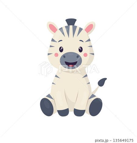A cute zebra sitting and smiling. Children's illustration in a flat vector style. The character is suitable for zoos, safari, children's parties, birthdays, books, cards, and educational projects. A cute zebra sitting and smiling. Children's illustration in a flat vector style. The character is suitable for zoos, safari, children's parties, birthdays, books, cards, and educational projects. 135649175
