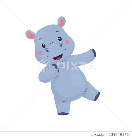 A cute hippopotamus is a popular character in children's books. This flat vector illustration features soft shapes and pastel colors. Suitable for illustrations, cards, books, apps, branding, and for 135649176