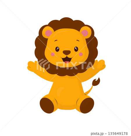 A cute lion cub sits with its paws wide open and a smile. This children's illustration is done in a flat vector style. This character is perfect for zoos, safari parks, children's parties, birthdays A cute lion cub sits with its paws wide open and a smile. This children's illustration is done in a flat vector style. This character is perfect for zoos, safari parks, children's parties, birthdays 135649178
