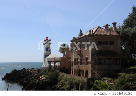 Santa Marta Lighthouse and Museum alongside the Atlantic coast in Cascais, Portugal 135649186