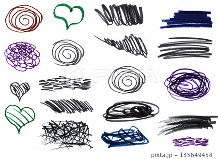 A set of abstract  marker sketches including hearts,  spirals and strokes 135649458
