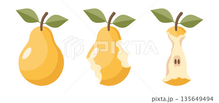 Juicy pear eating steps icon set. Stages of an eaten pear, whole, bitten and core. Illustration. Juicy pear eating steps icon set. Stages of an eaten pear, whole, bitten and core. Illustration. 135649494