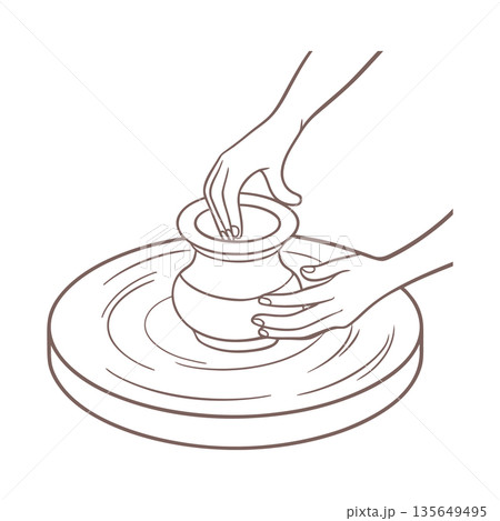 Hands shaping clay pot on a pottery wheel. Line art illustration. Hands shaping clay pot on a pottery wheel. Line art illustration. 135649495