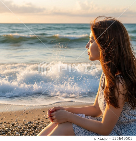 髪の長い若い女性が夕暮れの砂浜に座っている 髪の長い若い女性が夕暮れの砂浜に座っている 135649503
