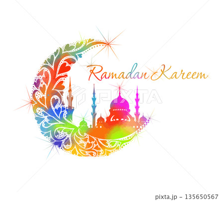 Ramadan colored symbol: moon and mosque. Hand drawn. Not AI, vector illustration. 135650567