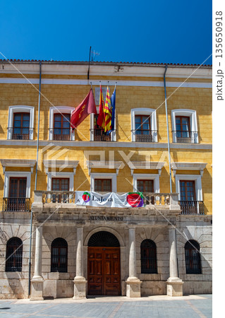 Town Hall of Teruel with Colorful Facade and Flags Town Hall of Teruel with Colorful Facade and Flags 135650918