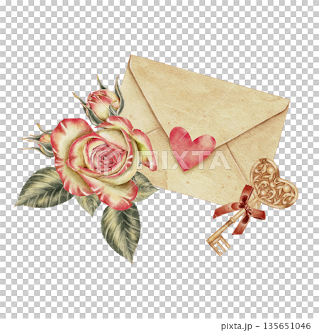 Watercolor illustration vintage love letter with red heart rose flower and ornate key tied with ribbon. Romantic botanical art for Valentines Day weddings anniversaries greeting cards packaging. 135651046