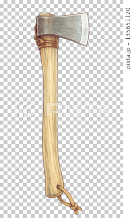 色鉛筆繪製的劈柴斧插圖，透明背景素材 135651120