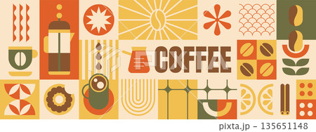 Abstract geometric coffee pattern with beans, drink cup, plant leaves 135651148