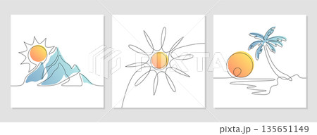 Continuous one line art drawing of sun, mountain, sea and island with palm tree 135651149