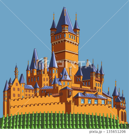 Vector Illustration of Reichsburg Cochem with Vineyard in Foreground 135651206