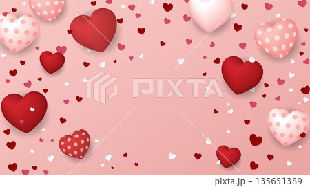 Heart balloons many designs floated with heart confetti rained down on pink background Heart balloons many designs floated with heart confetti rained down on pink background 135651389