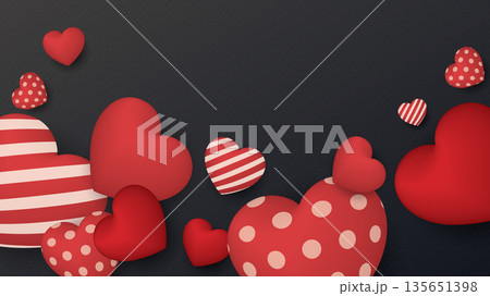 Heart balloons many designs floated with bond paper texture black color background have blank space. 135651398