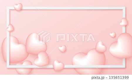 3D pink heart balloons floated with white frame on pink background 135651399