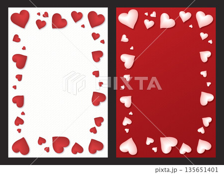 Set of 3d heart balloons floated as a rectangular vertical frame on white and red bond paper texture background Set of 3d heart balloons floated as a rectangular vertical frame on white and red bond paper texture background 135651401