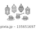 Ramadan Moroccan Lanterns, Arabic Coffee Line Art Set. Isolated on Background. Islamic Decorative Elements. Fanous Dallah. Black and White Outline Vector Illustration Coloring Pages Clipart Eid Design 135651697
