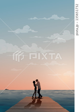 Silhouette of sweetheart embracing on the wooden pier have tropical blue sea and vanilla sky background vector illustration. Couple's journey concept flat design vertical shape have blank space. Silhouette of sweetheart embracing on the wooden pier have tropical blue sea and vanilla sky background vector illustration. Couple's journey concept flat design vertical shape have blank space. 135651732