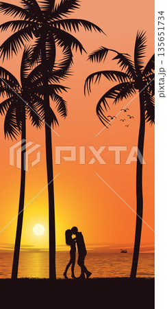 Silhouette of palm tree and lover kissing at seaside with sunset background vector illustration. Sweetheart's honeymoon concept flat design vertical shape. Silhouette of palm tree and lover kissing at seaside with sunset background vector illustration. Sweetheart's honeymoon concept flat design vertical shape. 135651734