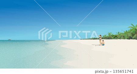 Couple of lover at the beach and tropical blue sea vector illustration. Journey of sweetheart concept flat design. Couple of lover at the beach and tropical blue sea vector illustration. Journey of sweetheart concept flat design. 135651741