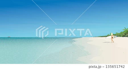 Tropical blue sea have surfer girl with surfboard at the beach flat design vector illustration. Travelling to Caribbean sea concept have blank space. Tropical blue sea have surfer girl with surfboard at the beach flat design vector illustration. Travelling to Caribbean sea concept have blank space. 135651742