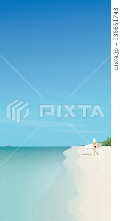 Tropical blue sea have surfer girl with surfboard at the beach flat design vertical shape vector illustration. Travelling to Caribbean sea concept have blank space. Tropical blue sea have surfer girl with surfboard at the beach flat design vertical shape vector illustration. Travelling to Caribbean sea concept have blank space. 135651743