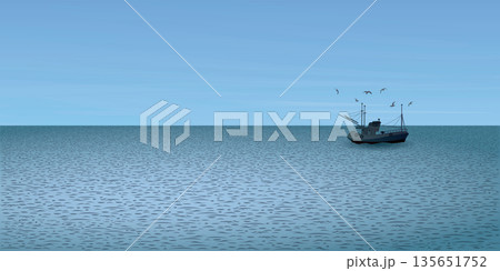 Seascape with fishing boat followed by seagulls in evening vector illustration. 135651752