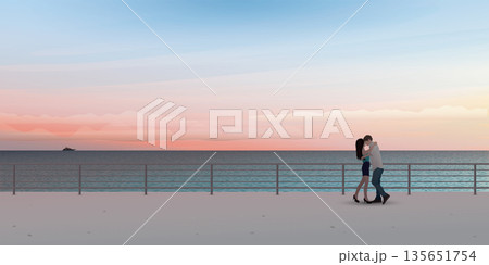 Couiple of lover kissing at seaside with vanilla sky background vector illustration. Sweetheart's honeymoon concept have blank space. Couiple of lover kissing at seaside with vanilla sky background vector illustration. Sweetheart's honeymoon concept have blank space. 135651754