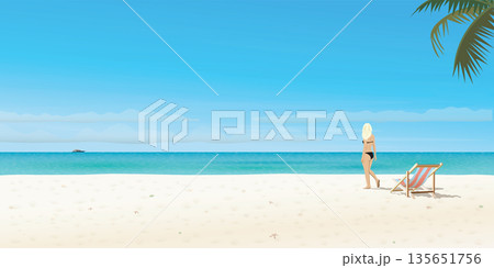 Tropical blue sea with beach, chair and blonde hair girl vector illustration . Seascape have blank space. Tropical blue sea with beach, chair and blonde hair girl vector illustration . Seascape have blank space. 135651756