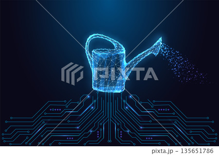 Digital Watering Can. Smart Gardening, Eco Tech Irrigation, Low Poly Blue Vector Illustration Digital Watering Can. Smart Gardening, Eco Tech Irrigation, Low Poly Blue Vector Illustration 135651786