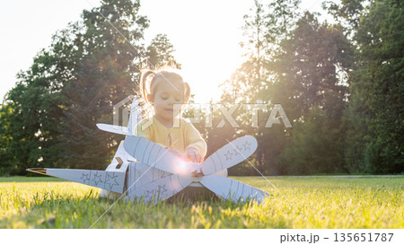 Cardboard airplane. Child pilot play outdoor. Toddler costume girl field yellow. Cardboard airplane. Child pilot play outdoor. Toddler costume girl field yellow. 135651787
