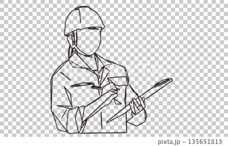 書類をチェックする建設業の女性作員の線画イラスト 135651813