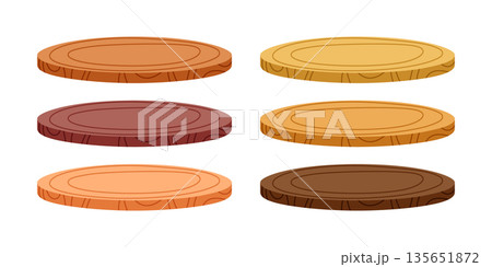 Vector Cartoon Wood Slice Podium Set. Wood Slice Podium Display. Round Wooden Platforms with Tree Ring Texture for Product Presentation, Cosmetic Stand, Food Display. Rustic Base, Isolated 135651872