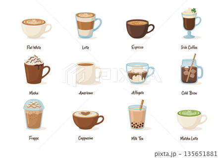 Cartoon Coffee Drinks, Vector Illustration. Flat White, Latte, Espresso, Irish Coffee, Mocha, Americano, Affogato, Cold Brew, Frappe, Cappuccino, Milk Tea and Matcha Latte, Cafe Icons. Coffee Mugs Cartoon Coffee Drinks, Vector Illustration. Flat White, Latte, Espresso, Irish Coffee, Mocha, Americano, Affogato, Cold Brew, Frappe, Cappuccino, Milk Tea and Matcha Latte, Cafe Icons. Coffee Mugs 135651881