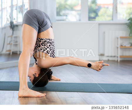 Sporty young girl performing dynamic asanas in yoga studio Sporty young girl performing dynamic asanas in yoga studio 135652148