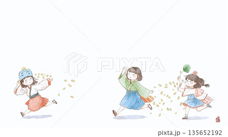 鬼のお面と節分の豆まき風景 鬼のお面と節分の豆まき風景 135652192