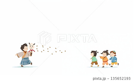 節分行事 豆まきを楽しむ子供 135652193