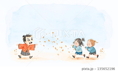 節分の豆まきと鬼のお面遊び 135652196