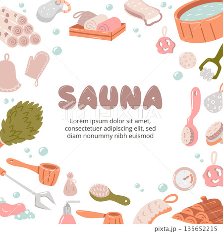 Elegant decorative frame with a collage of spa tools and accessories. Ideal for business cards or social media posts about wellness and health. 135652215